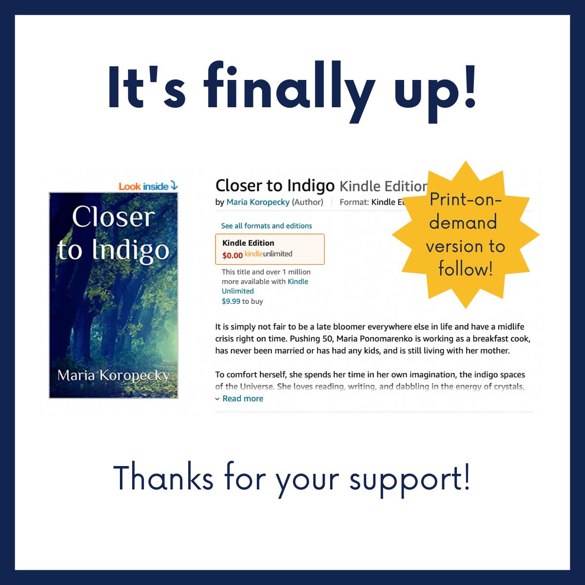 Buy Maria's novel, "Closer to Indigo" today!