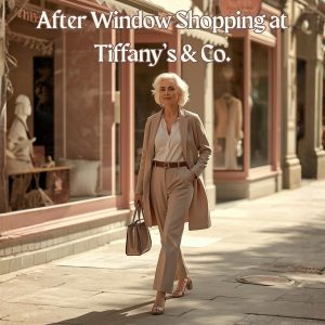 A woman in midlife with naturally white hair walking calmly down a downtown street on a sunny day. She is stylish but understated, wearing simple, elegant clothing in soft neutral and blush tones and a handbag. Her posture is relaxed and self-assured, with an easy, grounded stride and a peaceful expression. Her gaze is forward. The street is lined with tasteful storefronts with subtle pink accents and window displays, softly blurred, suggesting abundance without distraction. Warm sunlight, cinematic realism, modern urban setting, feminine strength, self-worth, heart-led energy.